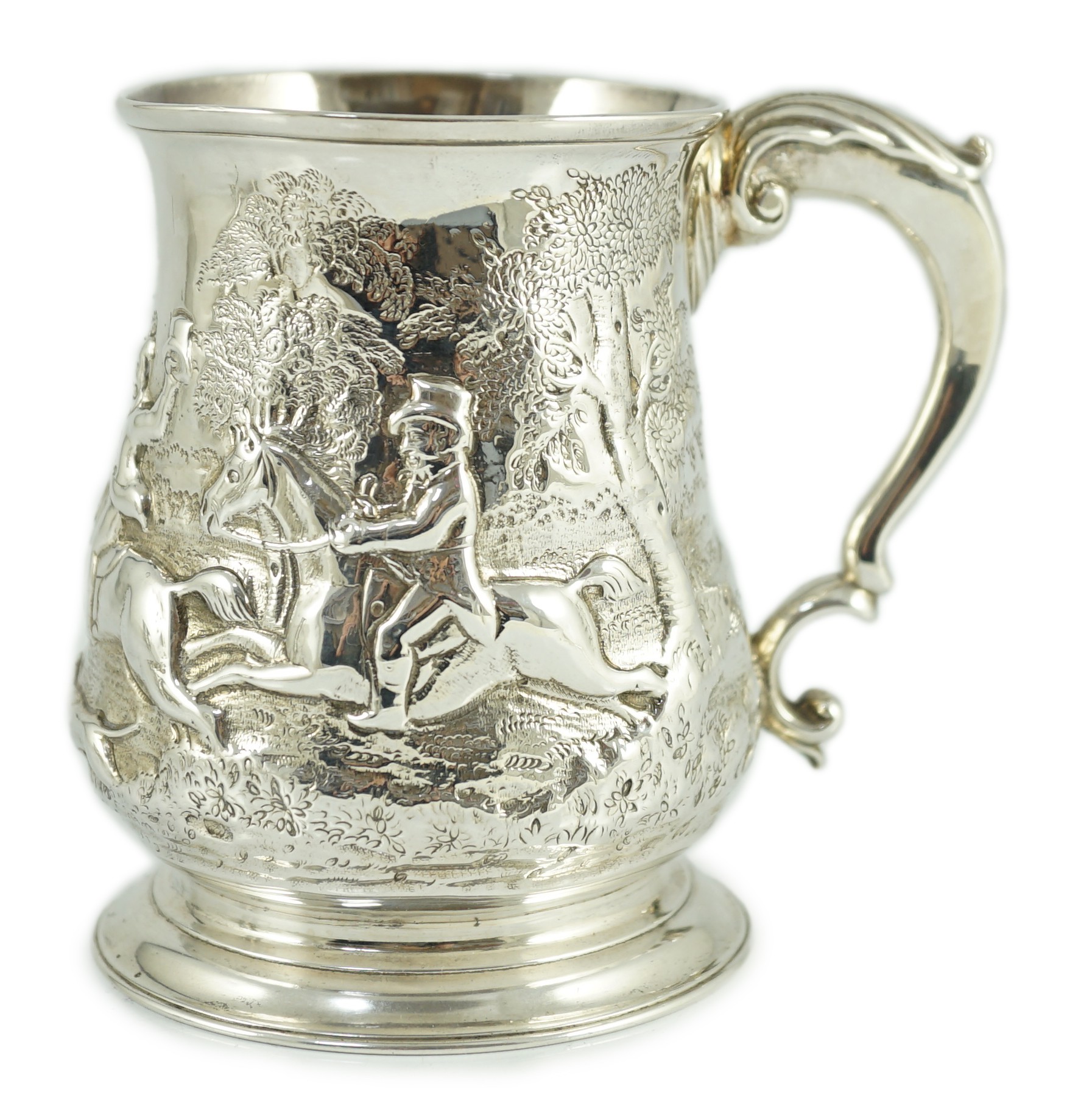 A George II silver baluster mug, later embossed with continuous hunting scene, Richard Gosling